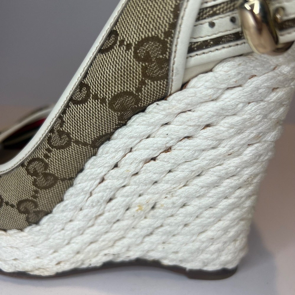 Gucci Beige/White GG Canvas Ankle Strap Wedge Sandals - Picture 7 of 12
